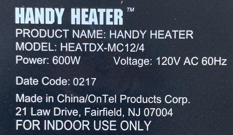 PERSONAL HANDY HEATER 600 watt - Lee Distributors